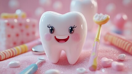 Wall Mural - vibrant 3d illustration featuring a cheerful smiling tooth surrounded by colorful dental tools set a