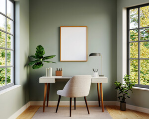 Aufkleber - A minimalist home office with a desk, chair, and plants, featuring a light green wall and natural light from two windows.