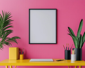 A vibrant workspace featuring a bright yellow desk, minimalistic decor, and potted plants against a pink wall, perfect for creativity.