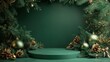 © peppastocker - Christmas podium backdrop in green color as trendy background. Minimalism. Copy space. Generative AI.
