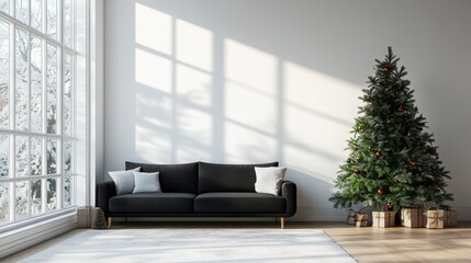 Wall Mural - Modern minimal 3d interior design  next to a big window. A black comfortable couch, white walls and a houseplant Christmas tree.