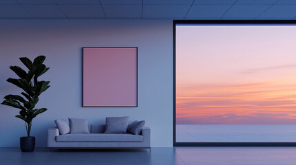 Aufkleber - A modern living space featuring a cozy sofa, a large window with a stunning sunset view, and a decorative plant, creating a serene atmosphere.