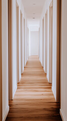 A bright hallway featuring wooden flooring and bordered by several doors, creating a serene and inviting atmosphere.