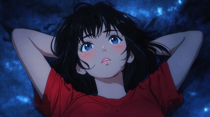 A beautiful anime Lo-fi girl chilling at night.