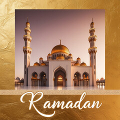 A picture of a mosque with a gold background and the words ramadan on the bottom