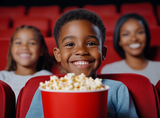 black family at cinema were watching a movie in a cinema hall eating popcorn while sitting together on a seat looking happy, smiling and enjoying their time