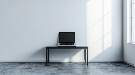 wide shot of a laptop on a small work table, in a plain white empty room real 