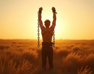 Silhouette of a man stretching his arms with broken chains in a field at sunrise. Illustration depicting a person who is free. Generate AI