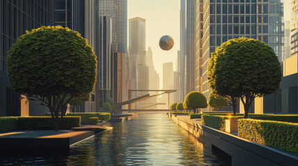 A city with a river running through it and a large ball in the air