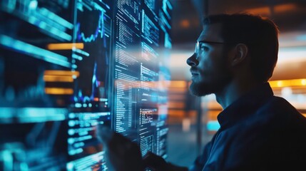 A man in glasses stands in front of a large screen displaying complex data.