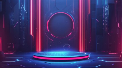 Vector illustrations of Futuristic digital technology hi-tech stage for showcase with neon blue pedestal circle platform and laser ring and hexagonal pattern for digital advertising and game artwork. 