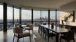 © Lycee - a modern and minimalist dining room with a stunning panoramic view of a cityscape. The room features large floor-to-ceiling windows that offer breathtaking views of the city skyline.