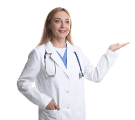 Canvas Print - Doctor with stethoscope showing something on white background