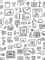 Aufkleber - A collection of sketches featuring various technology items like computers, smartphones, and coding symbols arranged in a creative layout. Generative AI