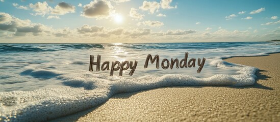 Happy Monday written in the sand on a beach with the ocean in the background.