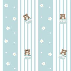 Wall Mural - Vector pattern of fabric, wallpaper, wrapping paper, mats and bed sheets. Continuous and repeatable. Cute style. Illustration of a bear cake with flowers on the background and vertical lines.