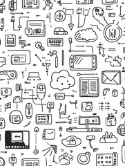 Aufkleber - A collection of hand-drawn doodles features technology items, including computers, smartphones, and coding symbols in an artistic style. Generative AI