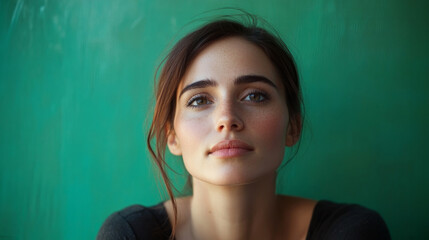 A woman with a thoughtful expression poses in front of a vibrant green background, reflecting deep contemplation and serenity