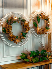 Two large wreath hoops with fairy lights on the wall.