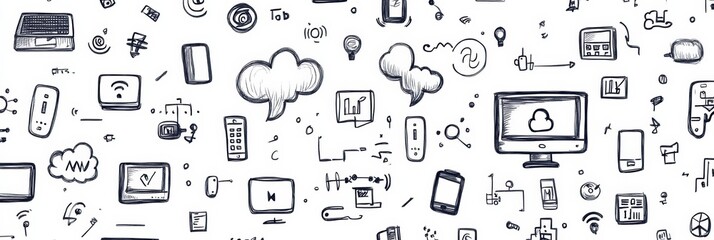 Poster - A collection of hand-drawn doodles features tech items like laptops, smartphones, and code symbols, highlighting digital innovation. Generative AI
