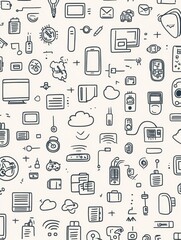 A collection of hand-drawn doodles showcases various technology items like computers, smartphones, and coding symbols in a playful layout. Generative AI