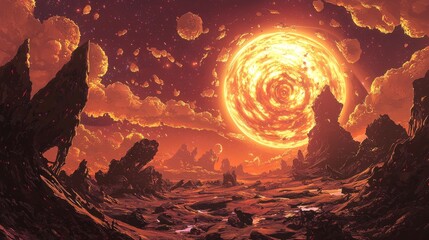 Wall Mural - a planet with a thin outer crust, and a massive hollow interior filled with glowing, spiraling cloud