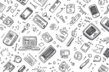 Poster - A collection of hand-drawn doodles showcases technology items, including smartphones, computers, and coding symbols, in a creative pattern. Generative AI