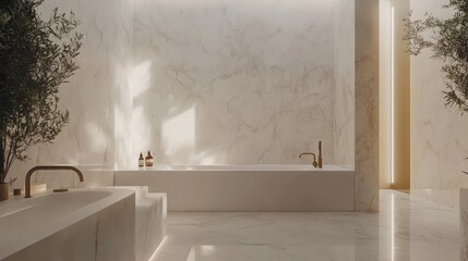 Wall Mural - A minimalist bathroom with marble surfaces, sleek fixtures, and soft, ambient lighting, exuding high-end luxury and refinement