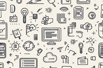 Poster - Creative doodles depict various technology items like computers, smartphones, coding symbols, and cloud storage icons in a playful arrangement. Generative AI