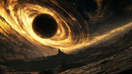 Wall Mural - a dark and mysterious planet orbiting near a black hole, with the sky dominated by swirling, luminou