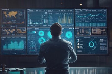 A businessman actively using a KPI dashboard to track and analyze financial data, focusing on revenue, operations, and sales metrics