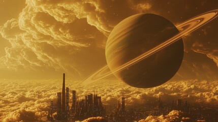 Wall Mural - a majestic gas giant with massive rings, surrounded by floating cities in the upper atmosphere