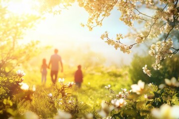 A family enjoying nature during a vibrant spring day, highlighting blooming flowers and lush greenery with modern design elements