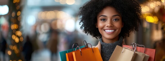 Young smiling African American woman with bags and purchases , against a blurred background of a shopping center. Banner, background for sales and discounts, for the concept of black friday,