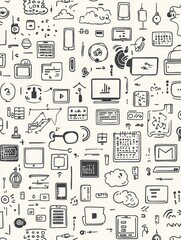 Poster - A creative array of hand-drawn doodles illustrating technology items such as coding symbols, computers, and smartphones in black ink. Generative AI