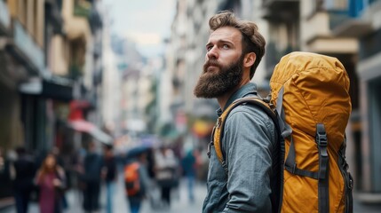 bearded man with a backpack stands contemplatively on a bustling city street, surrounded by urban architecture and vibrant street life, exuding a sense of adventure