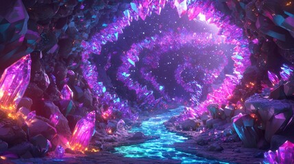Wall Mural - a planet where much of its surface is underground, filled with enormous crystal caverns