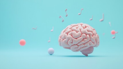 Poster - A detailed representation of a human brain surrounded by musical notes, set against a calming pastel blue background. Generative AI