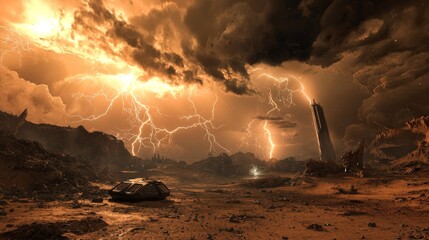 Wall Mural - a planet constantly battered by violent storms, with huge, dark clouds swirling across the sky
