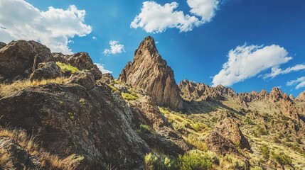 breathtaking summer mountain landscape showcasing towering rocky peaks under a bright blue sky, evoking a sense of adventure and tranquility in nature's grandeur