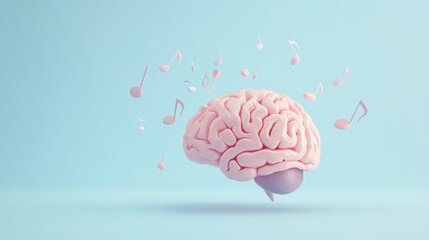 Poster - A colorful representation of a human brain with musical notes floating around, illustrating the relationship between music and thought. Generative AI