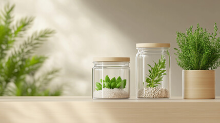 A table with three glass vases and a potted plant