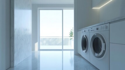 bright and minimalist laundry room featuring a washing machine and large windows, inviting natural light into the space. the design promotes cleanliness and efficiency