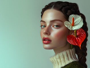 Wall Mural - model with braided hair, one white anthurium flower in her ear and another red orchid on her head, against a white background