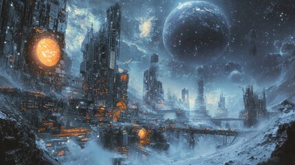 Wall Mural - a cold, industrial planet with a human or alien mining colony built into the side of craters
