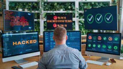 An intense cybersecurity scene with multiple screens displaying hacks and system alerts, emphasizing modern digital threats.