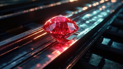 a large, faceted red gemstone resting on railroad tracks