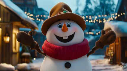 a cheerful cartoon snowman wearing a brown hat and a bright red scarf. It has a big smile, coal buttons, and its arms outstretched, creating a joyful and festive atmosphere, perfect for winter themes.