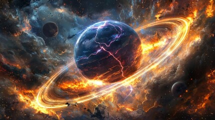 Wall Mural - a massive gas giant planet with swirling, colorful clouds and violent storms. rings of dust and debr