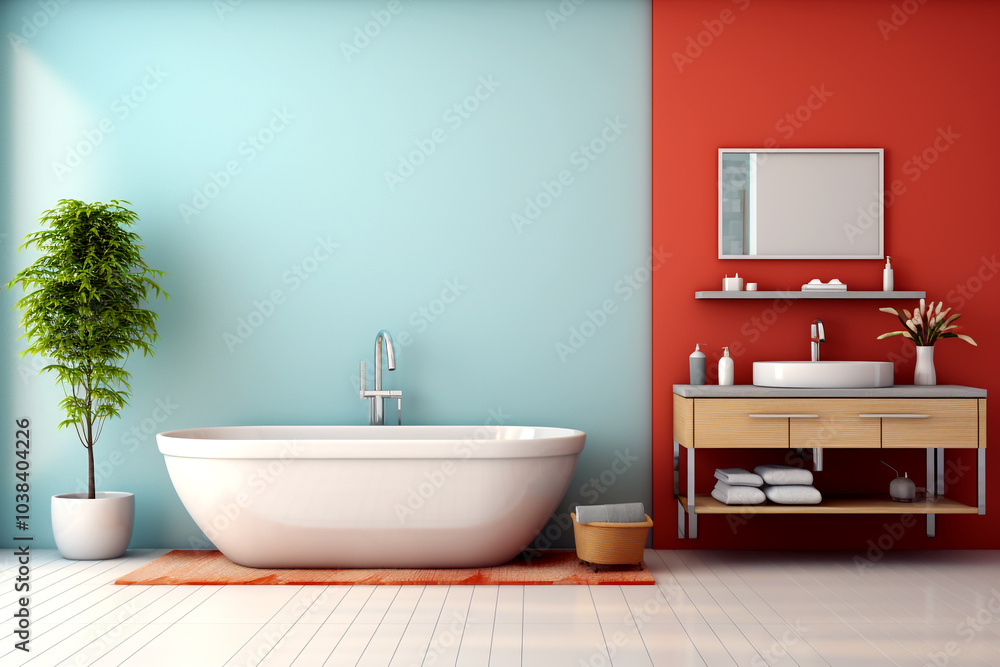 A cozy bathroom interior featuring a soothing blue and red color scheme ...